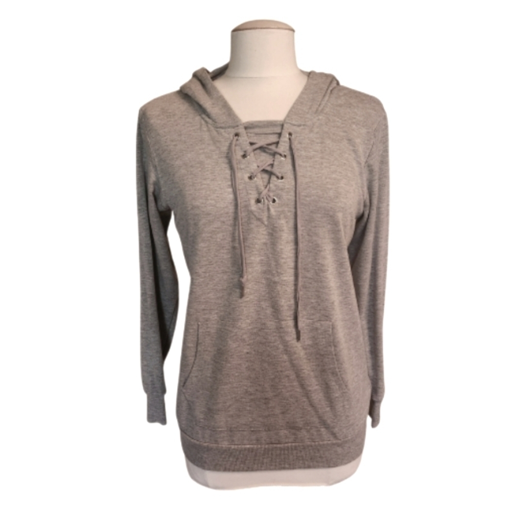 ADY P Light Gray Oversized Lace Up Hooded Lightweight Sweatshirt
